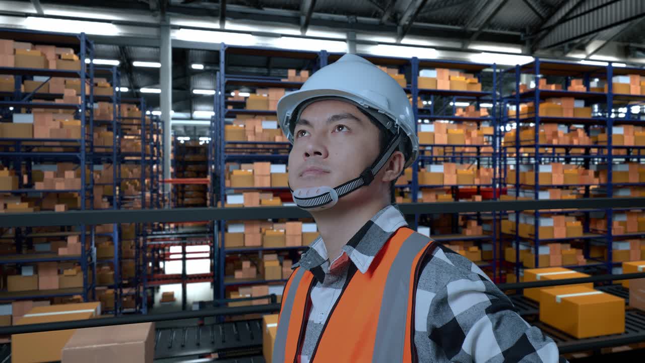 배달품으로 가득 찬 선반을 가진 창고에서 안전 헬을 입은 아시아 남성 엔지니어의 가까운 측면 뷰.
