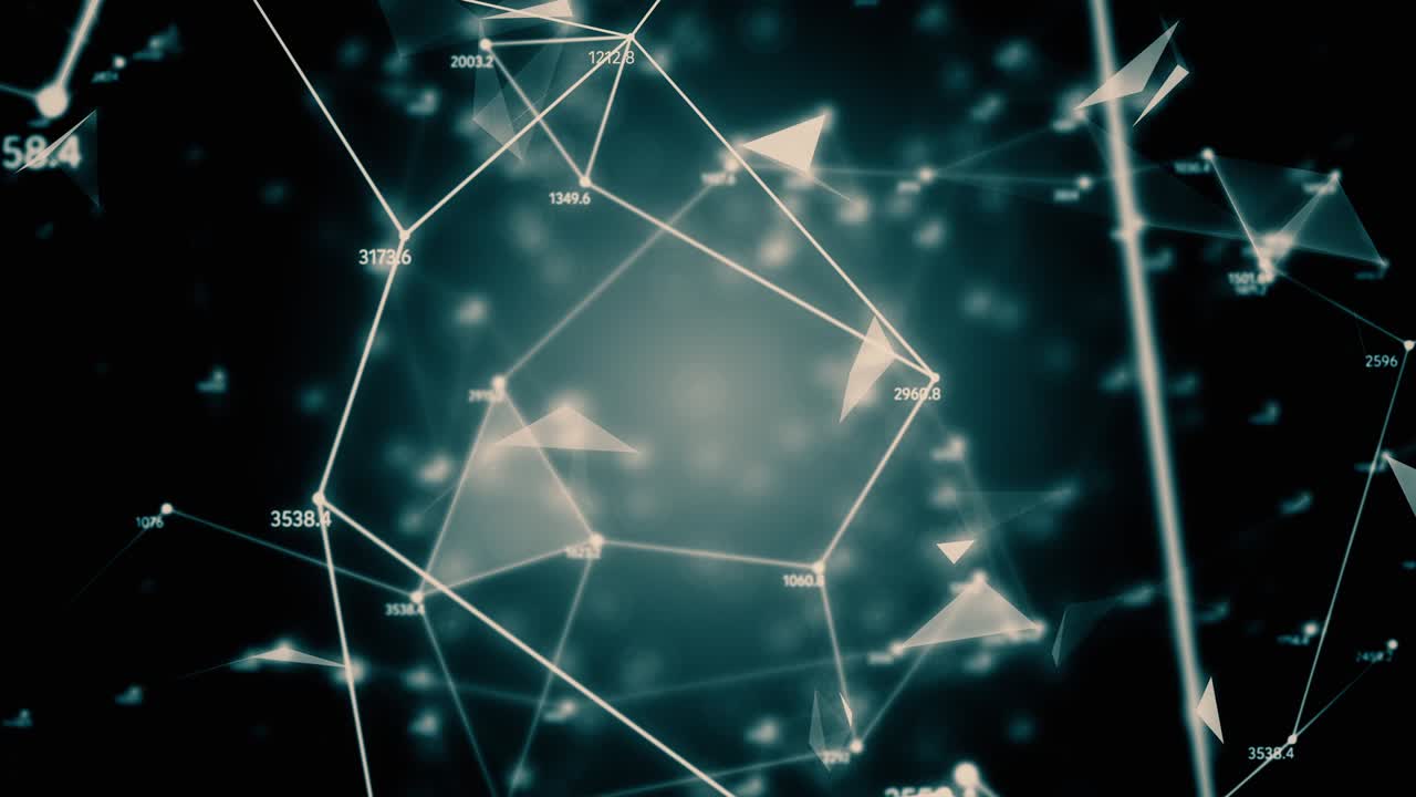 추상적인 컴퓨터 생성 원활한 루프, 혼란스러운 느리게 움직이는 점, 선, 삼각형, 무작위 숫자 배경에서 기하학적 움직임.