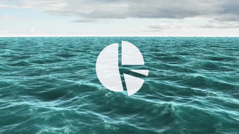 Pie chart animation over ocean waves under cloudy sky