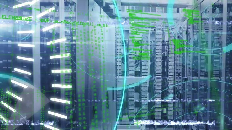 Animation of interference, data processing and 5g text over server room