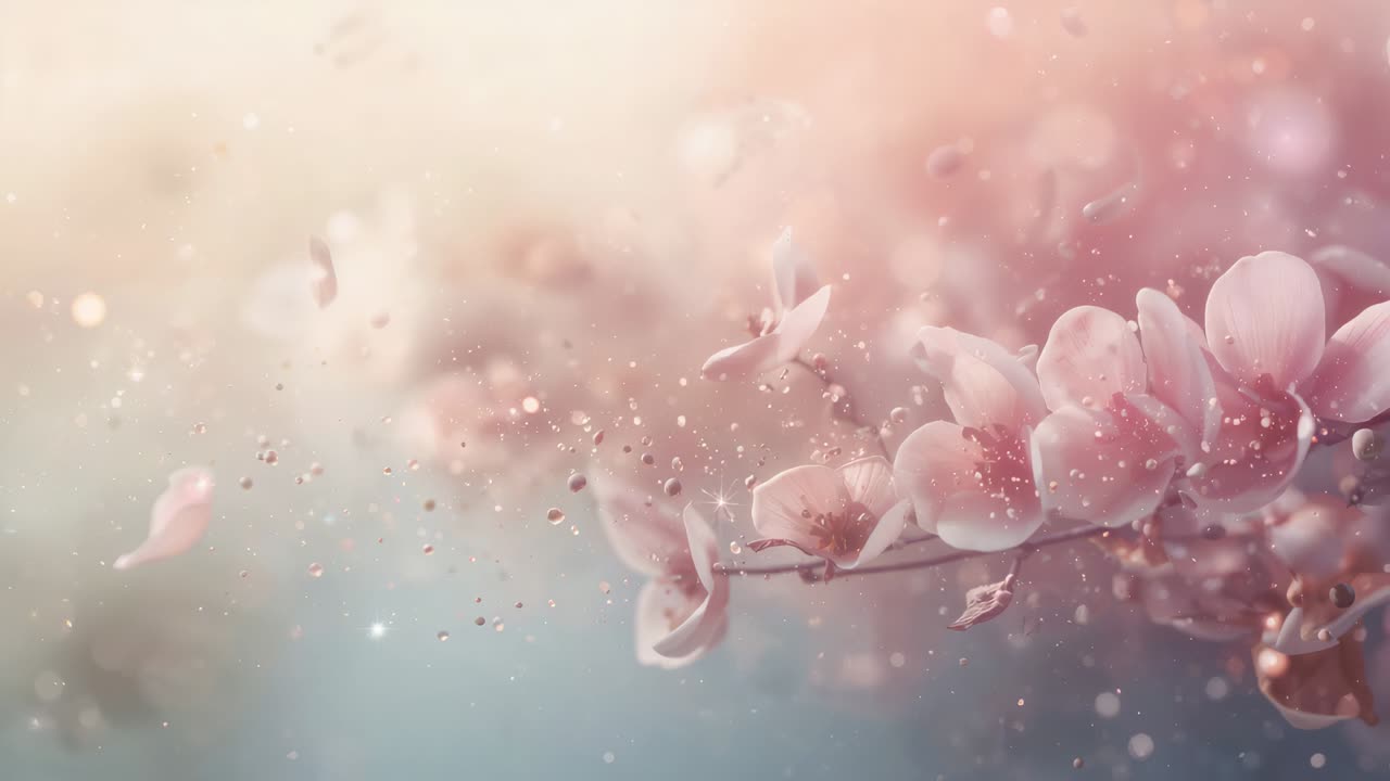 Brezza che agita petali e polvere che si sposta a sinistra su un ramo in macro, con fiori rosa a destra e spazio per il testo.