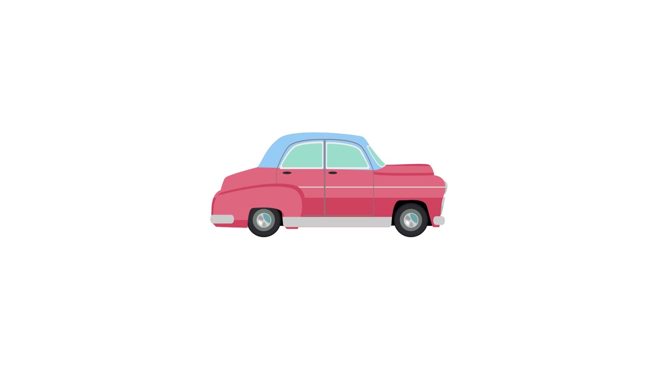 Animasi Perakitan dan Mobil Retro Merah Muda yang Mengemudi Pergi