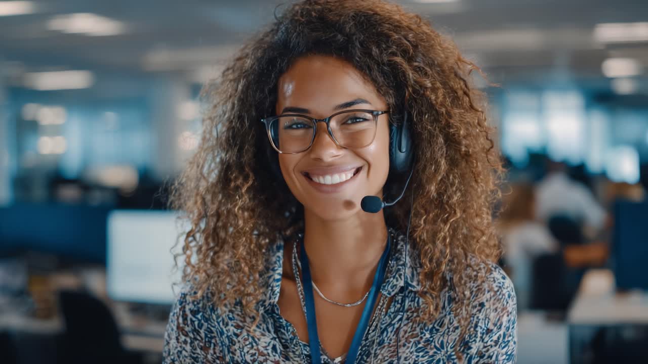 Atendente de atendimento ao cliente simpática com headset sorrindo em um ambiente de escritório moderno, demonstrando profissionalismo e acessibilidade nas funções de atendimento ao cliente