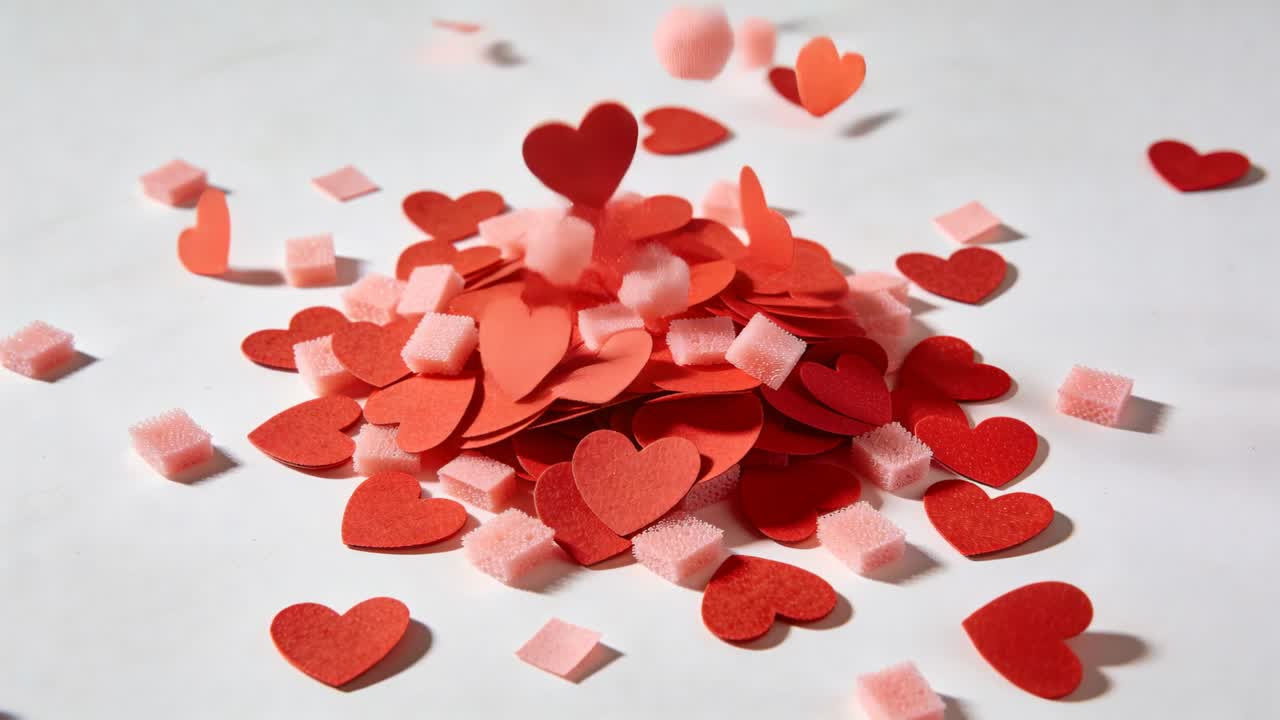 Cuori di carta rossi e cubi di schiuma rosa che cadono a cascata dopo essere stati rilasciati, formando una pila espositiva per il marketing.