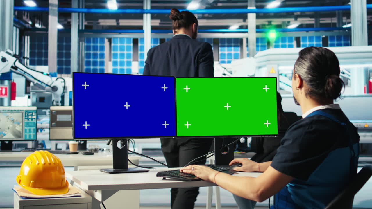 광전자 공장 엔지니어는 모형 pc에서 에너지 발전기의 모델을 구축합니다.