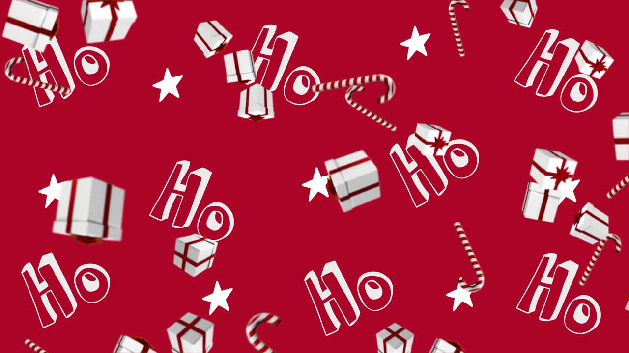 animación de texto ho ho ho con estrellas y bastones de caramelo de navidad y regalos sobre fondo rojo