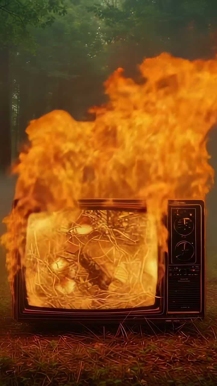 Vertical video: CRT television burning in pine clearing, exposing glowing wires and rising smoke