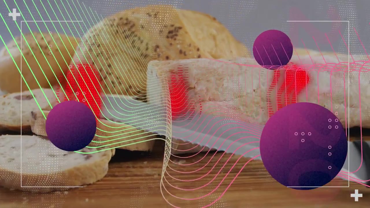 Animação de círculos roxos com padrão de wireframe abstrato 3D contra pães frescos na padaria.