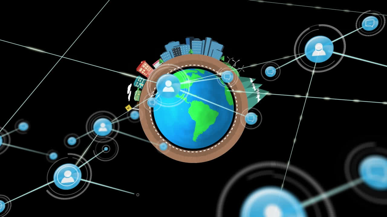 Animation of network of connections with icons and globe on black background