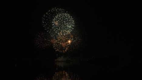 colourful pyrotechnic fireworks in dark black sky over still water