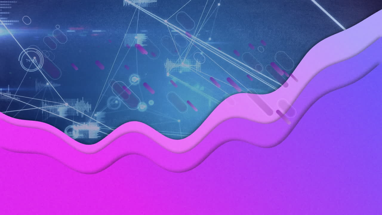 Purple digital wave and light trails against network of connections and data processing
