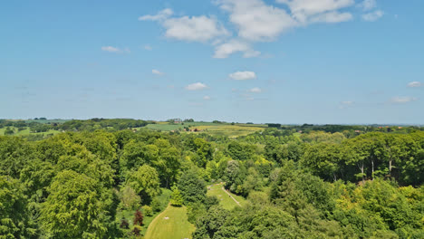 a drone's view of a british summer park—families enjoying a meandering stream, attractive picnic zones, and a wooded tourist site