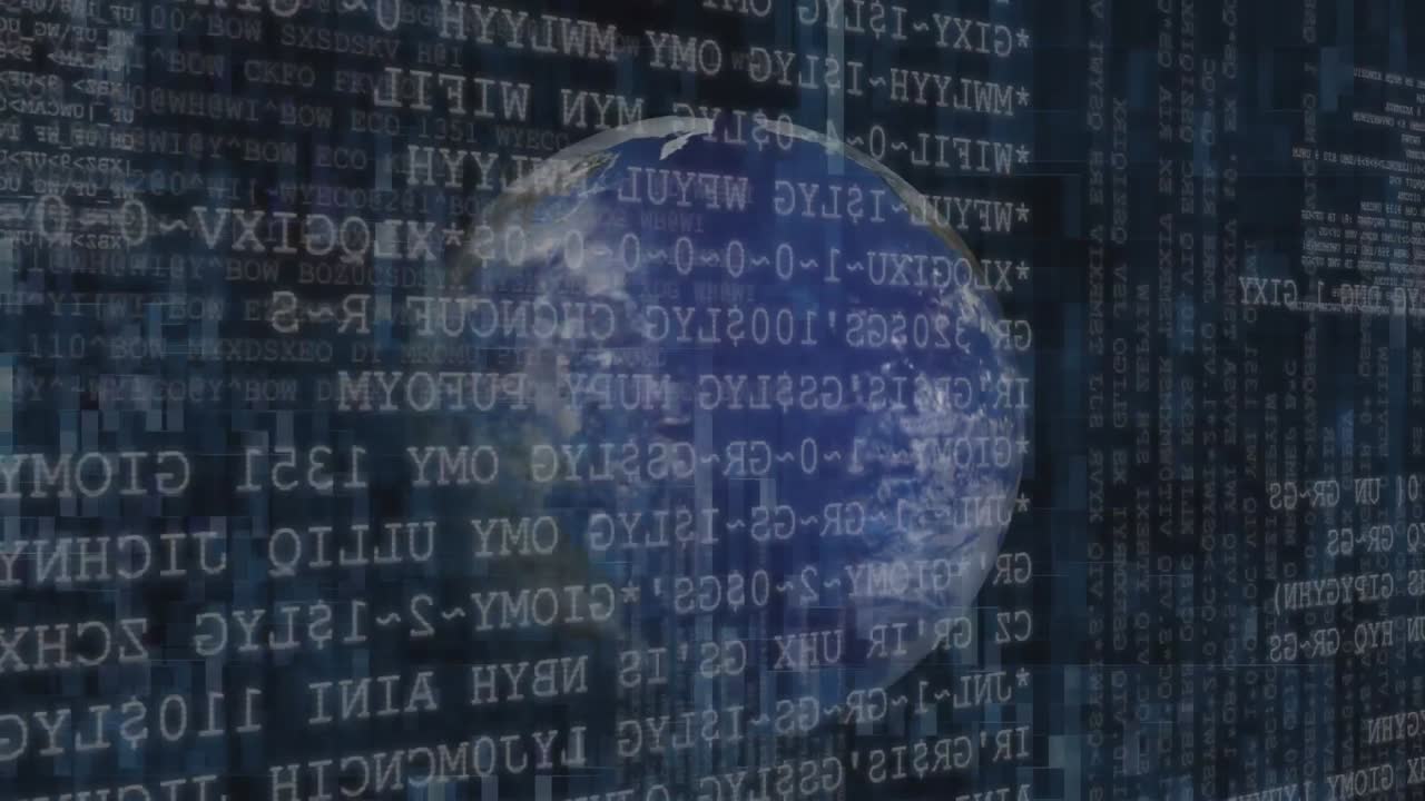 animación digital de tormenta de trueno rojo sobre el globo giratorio contra el procesamiento de datos