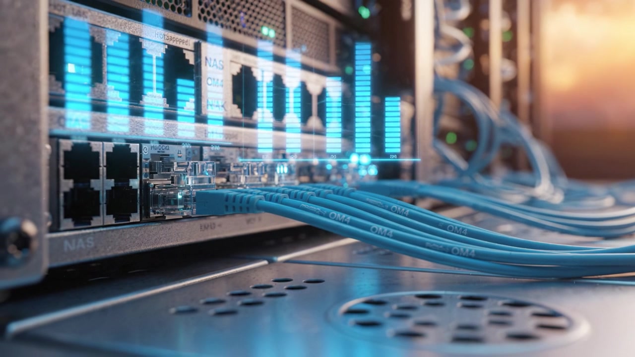 Exploring the Digital Backbone: A Close-Up Look at Network Servers and Data Cables Illuminated in a Modern Data Center Setting