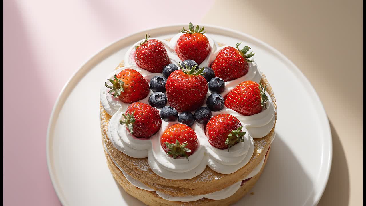 Vista dall'alto di una torta di fragole e mirtilli decorata con panna montata su un piatto con uno sfondo pastello tenue.