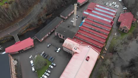 aerial shot of industrial architecture surrounded by rivers in old village, sweden