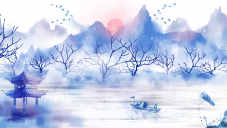 Fantasy-Daytime-ancient-traditional-Chinese-Japanese-landscape-ink-Painting-falling-snow-animation-of-beautiful-calm-trees,-mountains,-flowers,-lake,-water,-birds,-blue-sky,-boat,-cherry-blossoms