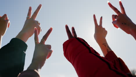 peace sign, blue sky and hands of friends