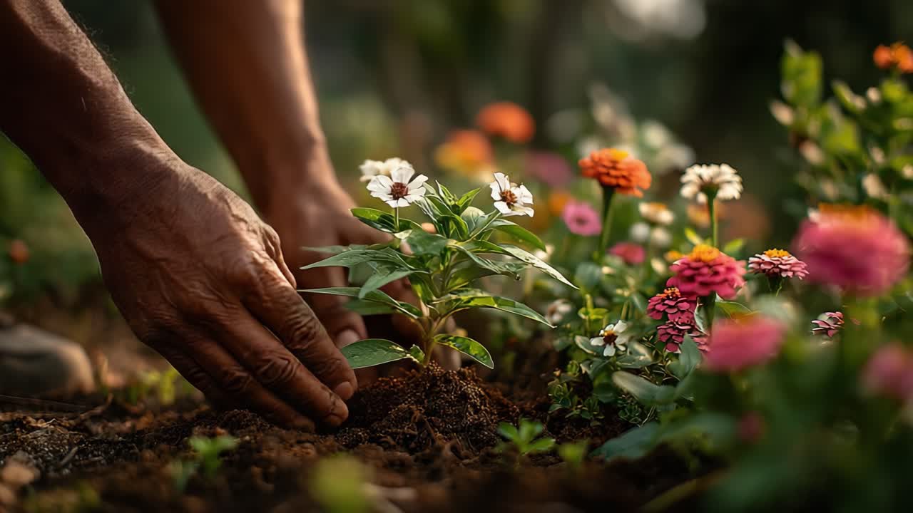 Cultivating Beauty: A Gardener's Touch as Flowers Flourish in a Vibrant, Colorful Garden Scene Full of Life and Natural Splendor