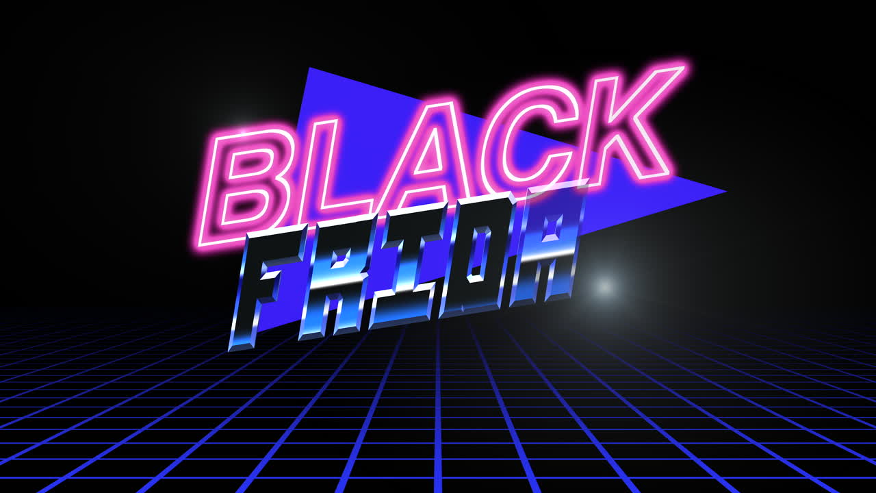 검은 은하계에서 네온 삼각형과 그리드와 함께 검은 금요일 레트로 텍스트