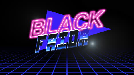 retro black friday text with neon triangle and grid in dark galaxy