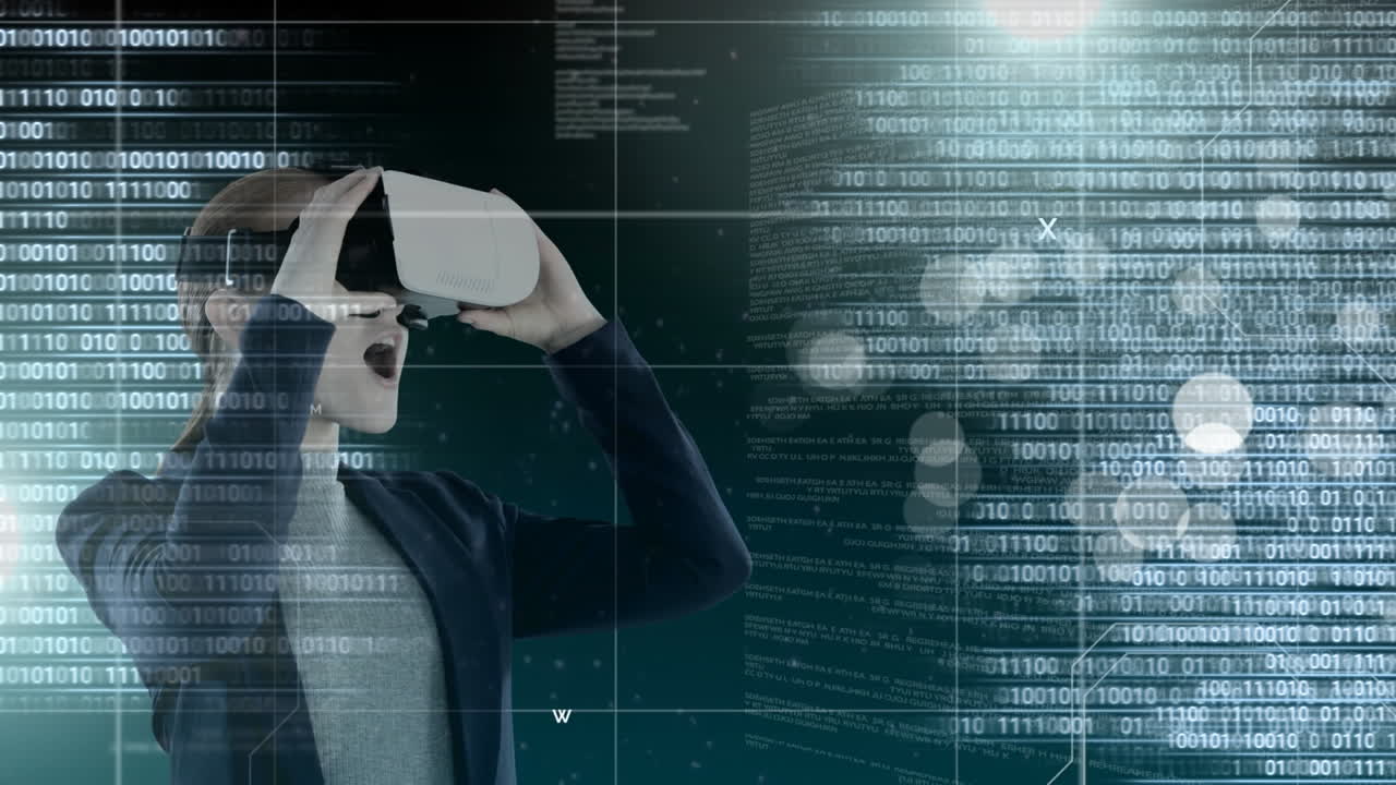 Code and technology interface with virtual reality headset on businesswoman