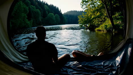 people relaxing in a tent with a scenic river view