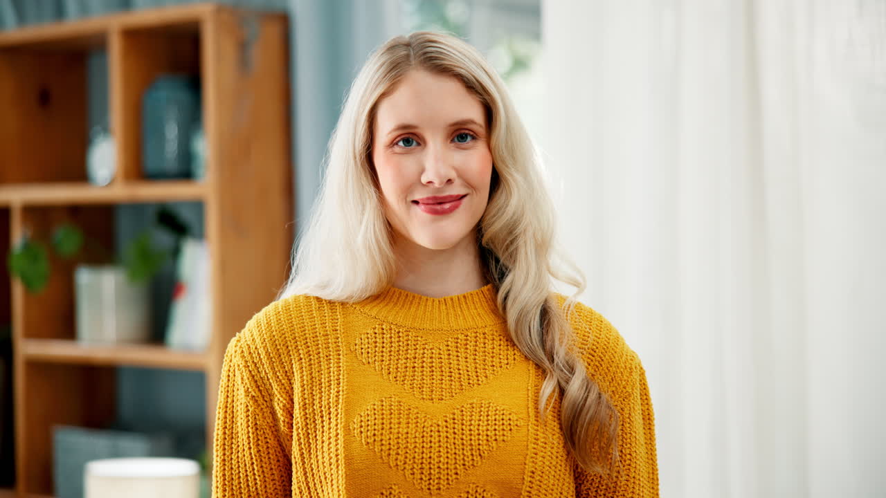 Portræt af en smilende blond kvinde iført en sweater