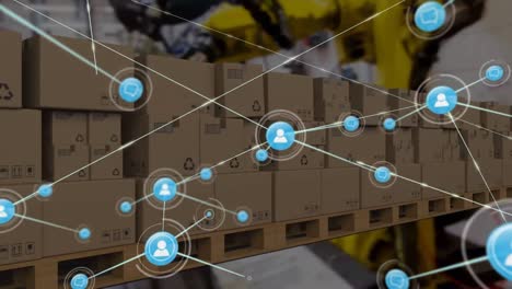 animation of network of connections with icons over boxes in warehouse