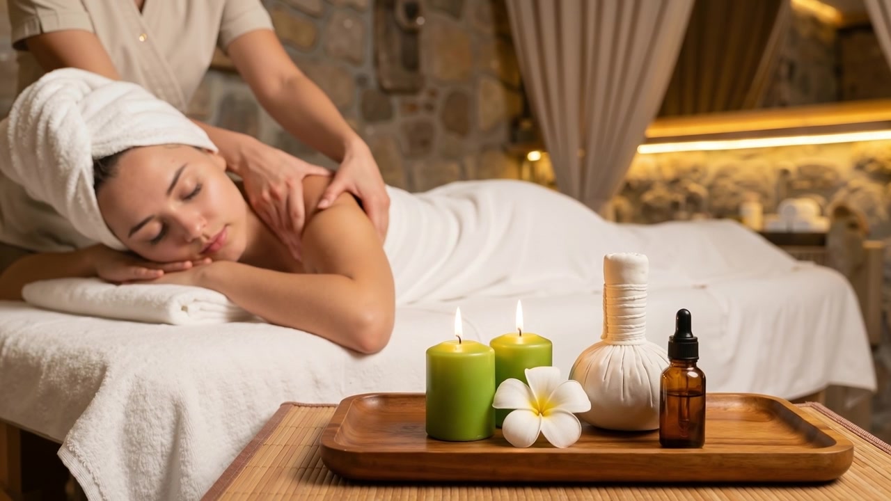 Aromatik mumlar ve spa taşları eşliğinde bir sağlıklı yaşam merkezinde rahatlatıcı bir sırt masajının keyfini çıkaran kadın.