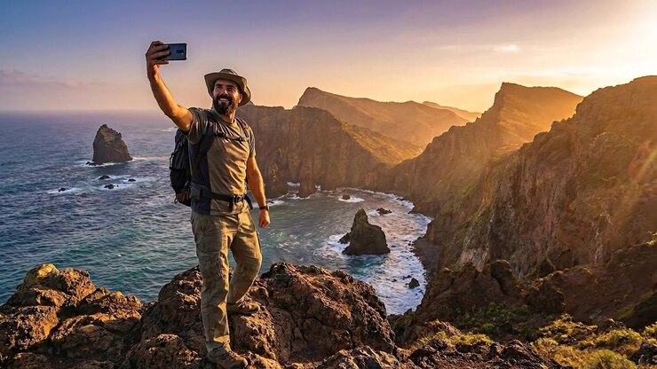 Viajero explorando formaciones rocosas costeras cerca de un paisaje oceánico
