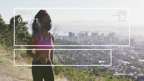 animación de números cambiantes, gráficos, mujer afroamericana corriendo con máscara
