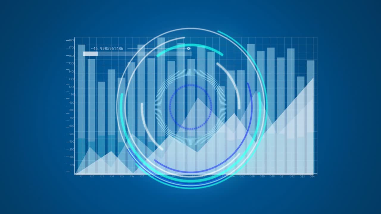 animación del escáner redondo de neón y procesamiento de datos estadísticos contra un fondo azul.