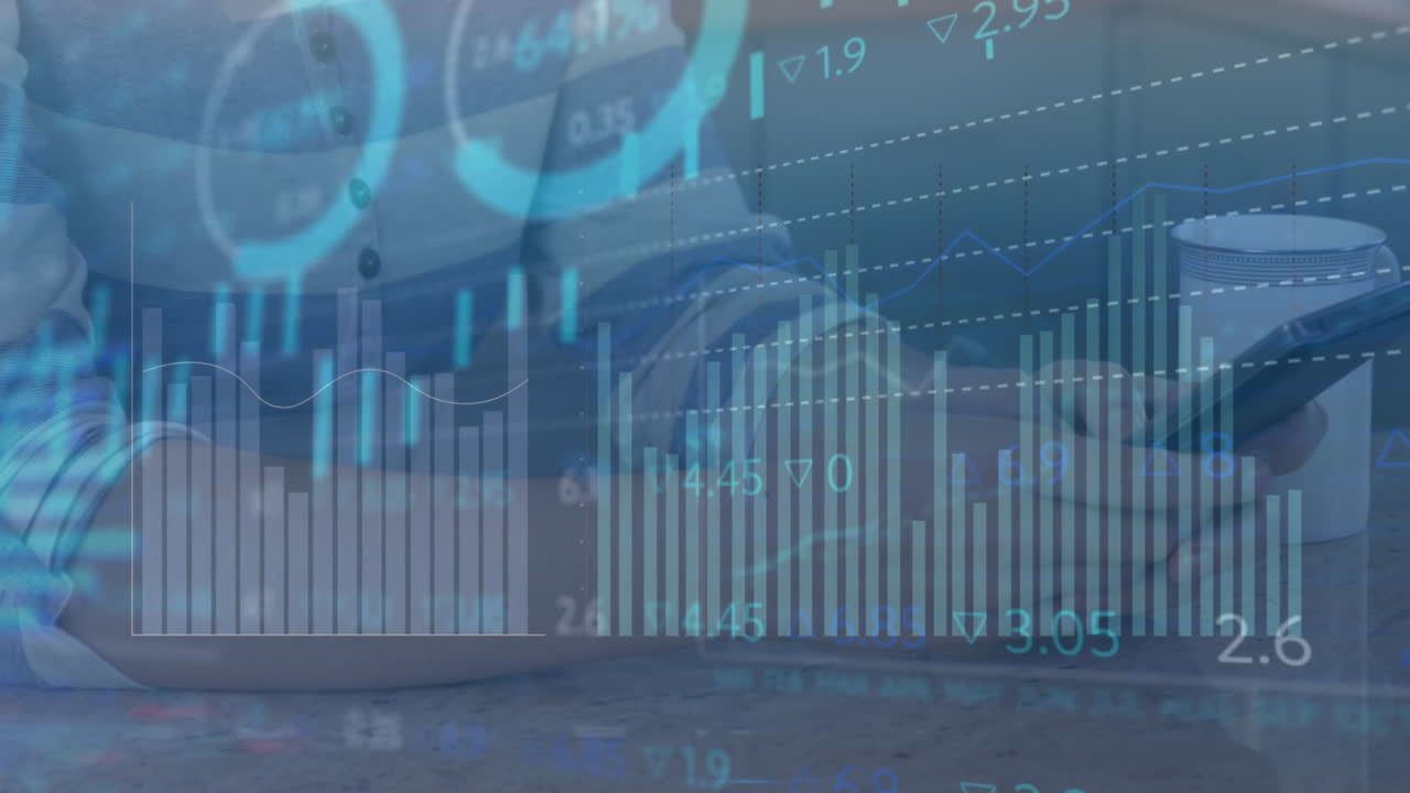 Animation of financial data processing over caucasian woman using smartphone