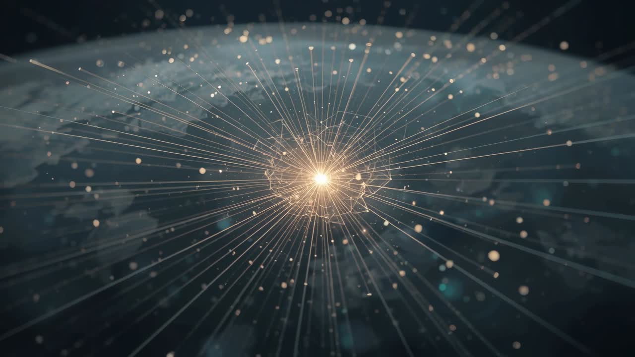 Bright point emerging at horizon sparking golden core sending mesh across globe, particles drifting