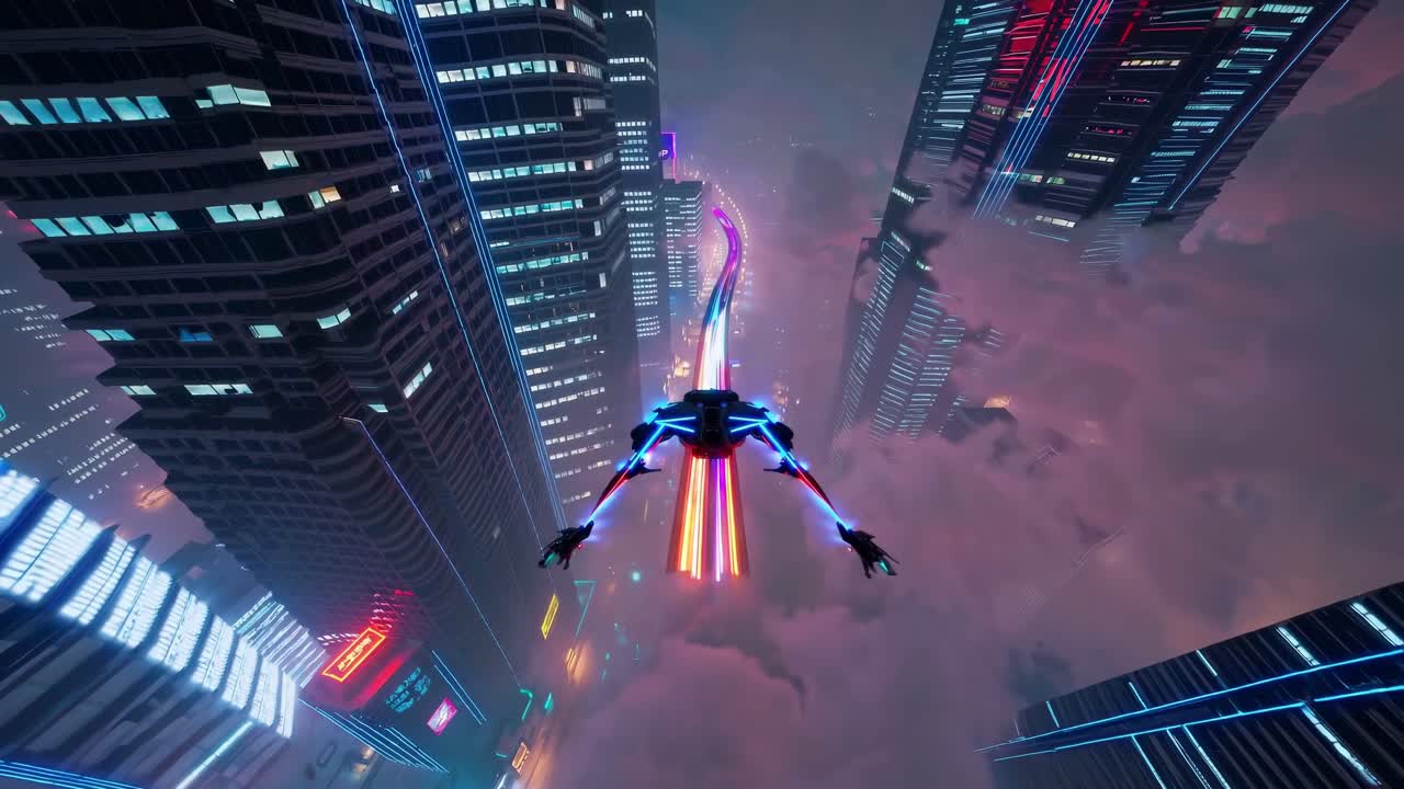 paisaje urbano nocturno futurista con vehículo volador