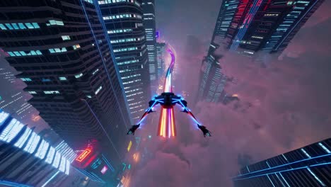 futuristic night cityscape with flying vehicle