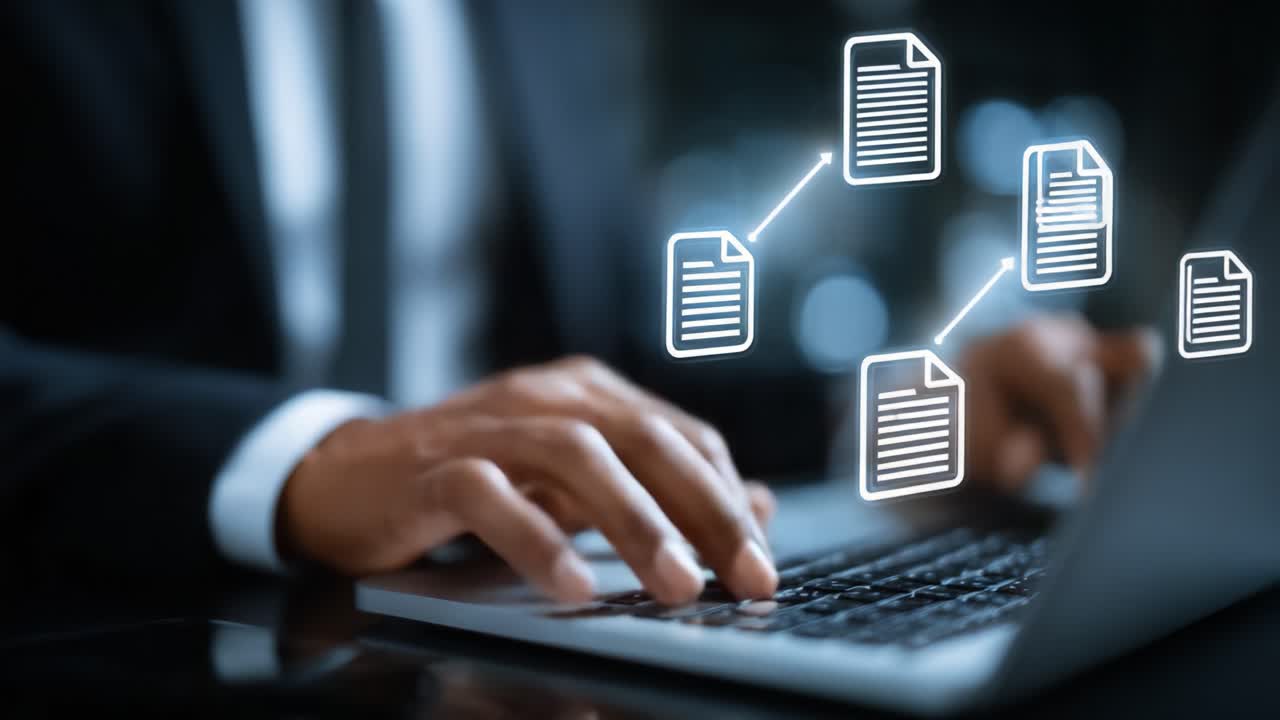 A Professional Interacting with Digital Documents on a Laptop, Illustrating the Process of Document Management and Organization in a Modern Business Environment