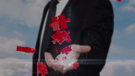 animación de un empresario caucásico sobre rompecabezas y procesamiento de datos