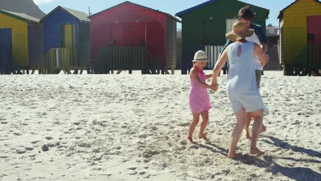 multi-generation family playing ring around the rosie at beach