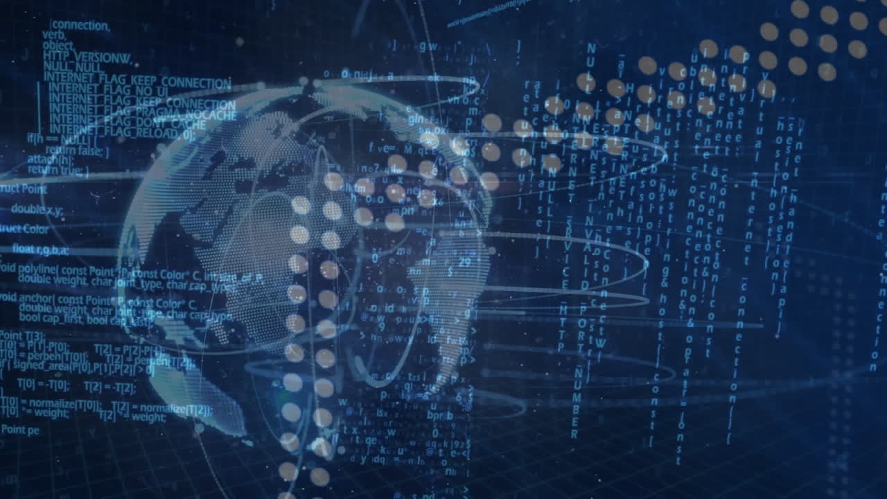 Animation of data processing and light trails over spinning globe against blue background