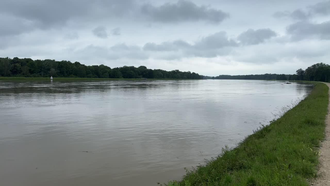 River Donau near peak level, during flood in bavaria, barrage bergheim near ingolstadt flood 2024