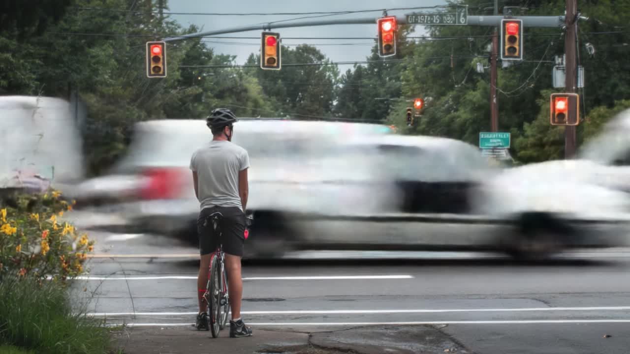 A Cyclist Waiting at a Busy Intersection Amidst Blurring Traffic Lights and Fast-Moving Cars on a Gloomy Day, Capturing the Urban Environment and Patience in Action