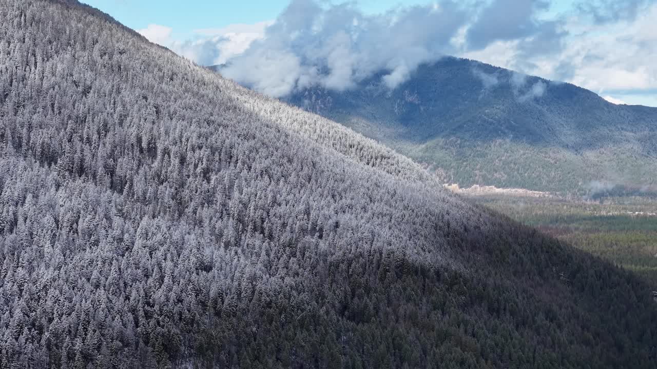 Aerial footage shows a snow-dusted forested hillside descending to a lush green valley with distant mountains under a cloudy sky