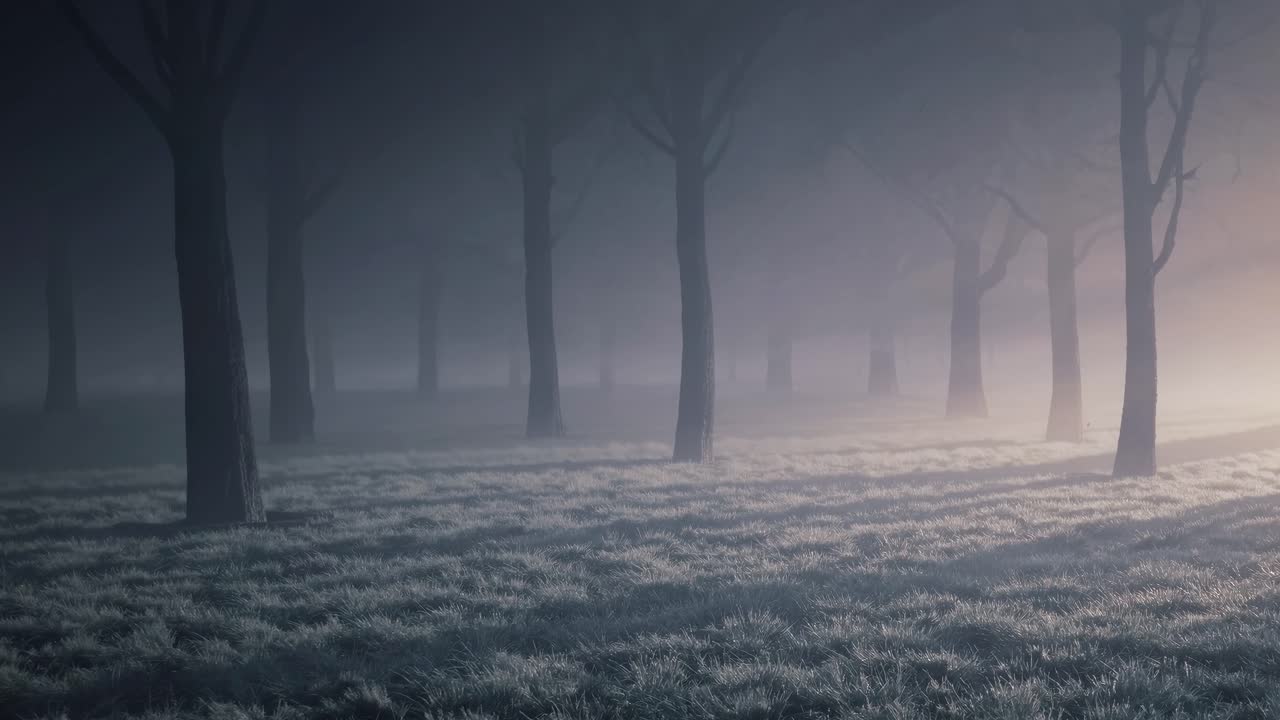 Uhyggelig skogscene med tåke, fanget på bakkenivå. Videostilen skaper en mystisk