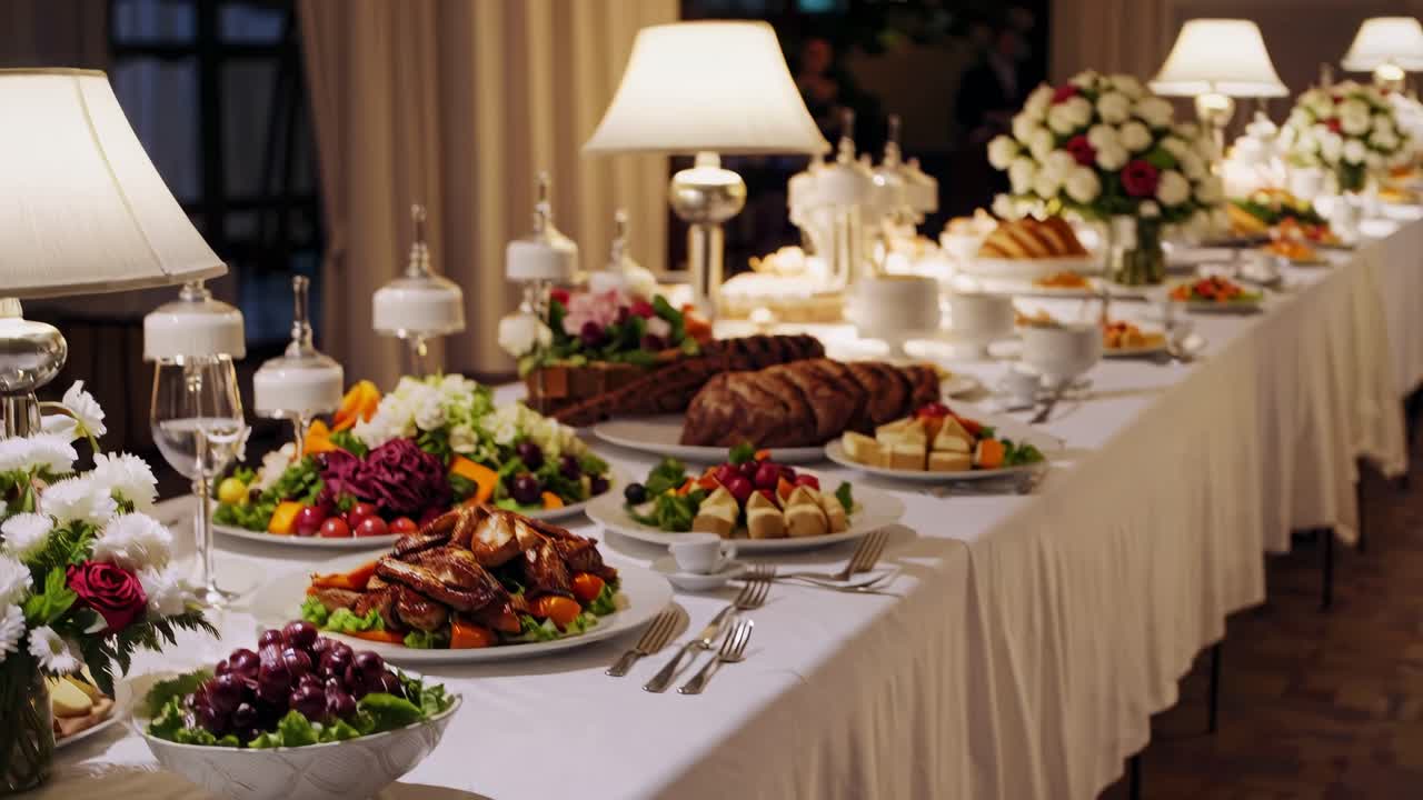 Elegante montaje de mesa de buffet con diversos platos, capturado desde un ángulo bajo, creando un ambiente lujoso