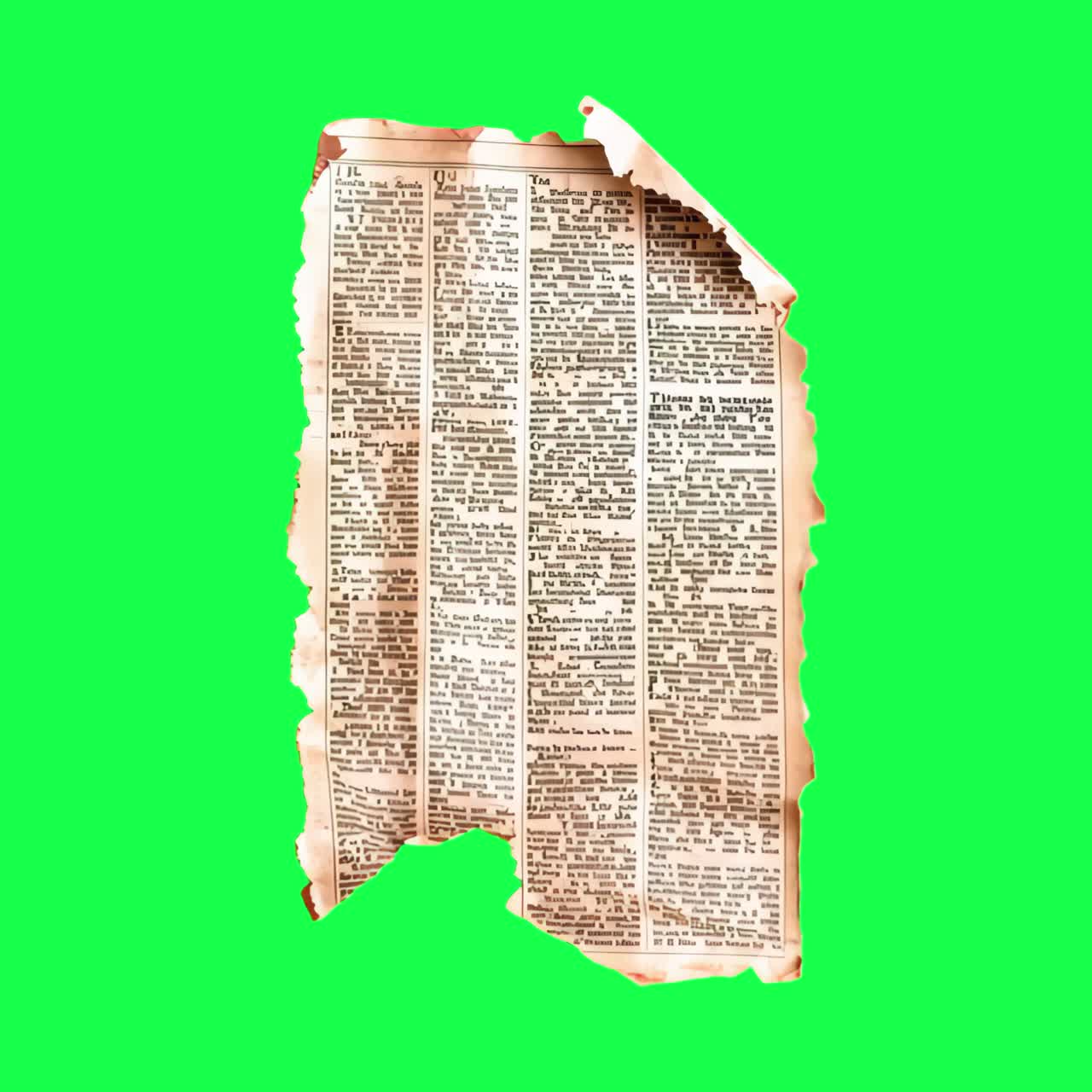 Vintage torn newspaper page animation, transparent 4K video, green screen