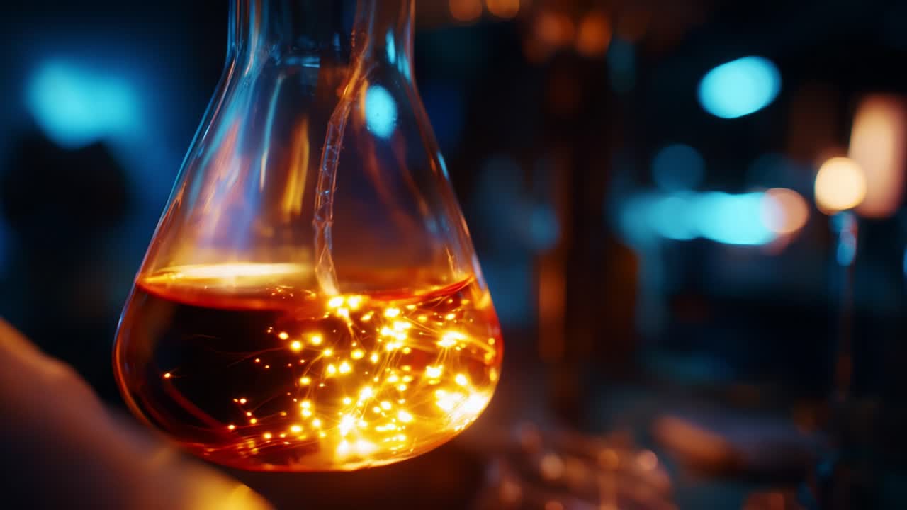 A mesmerizing close-up of a laboratory flask filled with an enchanting amber liquid, illuminated with sparkling lights, showcasing the fascinating interplay between chemistry and artistry in a mysterious experiment