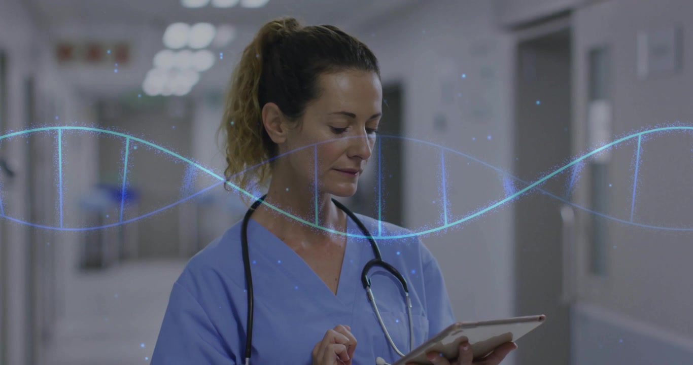 Healthcare worker tapping tablet navigating patient data, DNA helix overlay shifting around torso