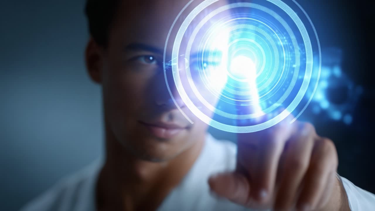Un giovane interagisce con un'interfaccia olografica, mostrando tecnologia avanzata e innovazione digitale in un ambiente moderno e immersivo.